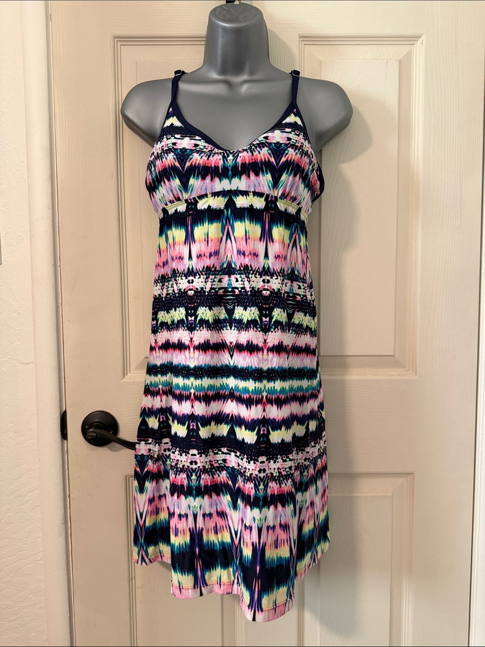 Athleta Navy Pink Mint Patterned Racerback Dress